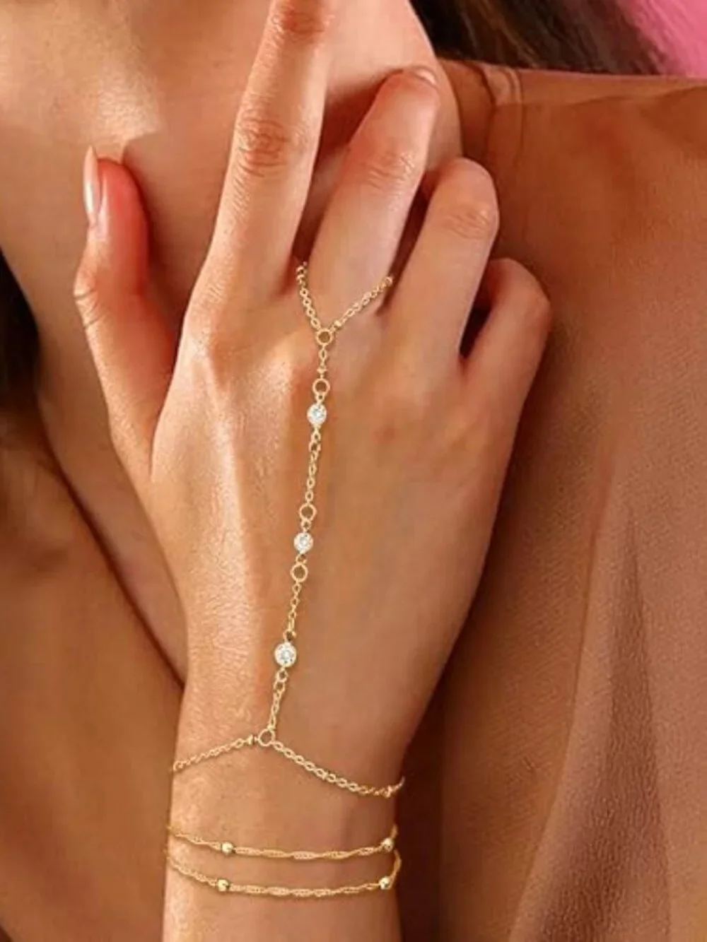 New - Gold Bracelets‎ for Women, 14k Gold Plated Hand Chain Bracelet, 2 Pcs Ring